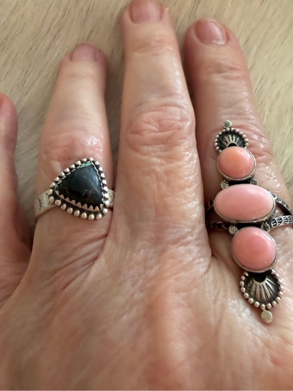 ❤️ Black Jack Turquoise Triangular Sterling Adjustable Ring 4.2mm Stamped Band - Picture 2 of 15